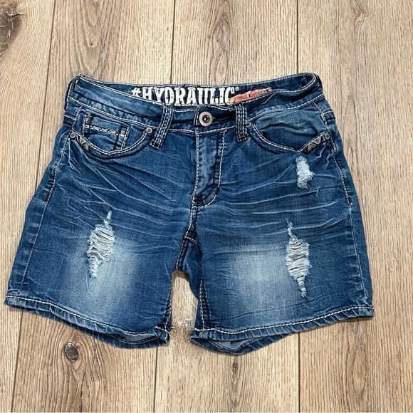 HYDRAULIC distressed denim jean shorts Sammie Boyfriend, embroidered pockets, 0. - Picture 5 of 14